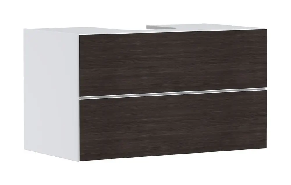 Weiße Kommode mit zwei Schubladen, die den modernen Designansatz von Hansgrohe widerspiegelt. Das minimalistische Design bietet Funktionalität und Platz für Badezimmerutensilien.